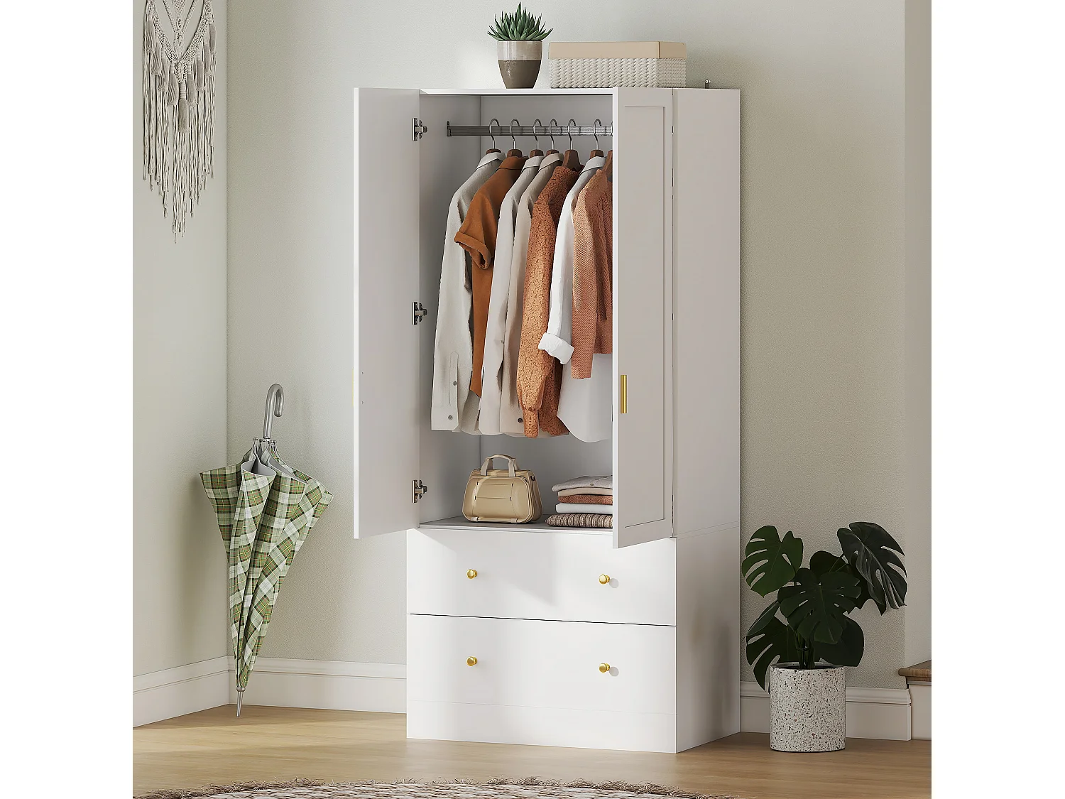 Armoire penderie design - miroir, 2 portes, 2 tiroirs - dim. 80 x 50 x 180 cm - doré blanc