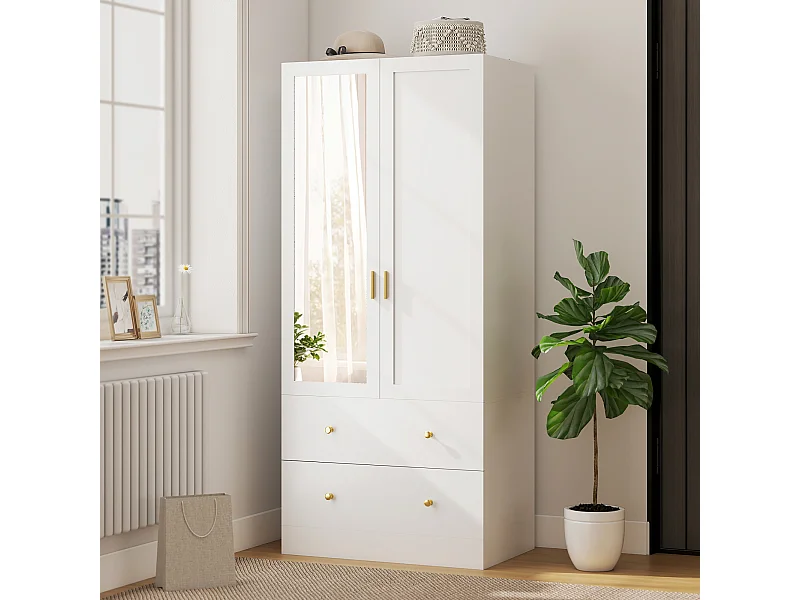 Armoire penderie design - miroir, 2 portes, 2 tiroirs - dim. 80 x 50 x 180 cm - doré blanc