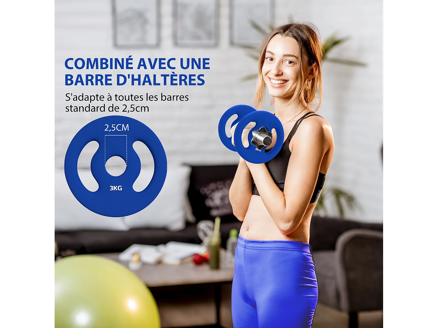 Disques de musculation - lot de 2 disques - total 6 Kg - diamètre intérieur 25 mm - métal PVC bleu