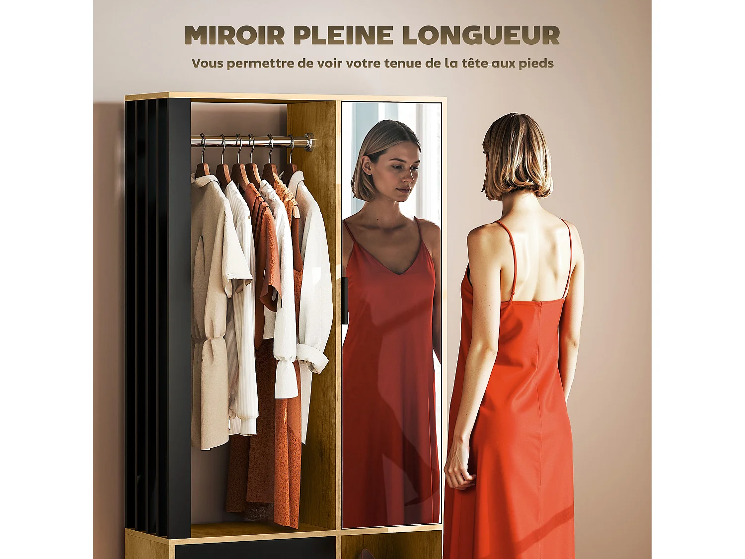 Armoire de chambre penderie dressing miroir design 2 portes, 4 étagères, 2 niches, tringle