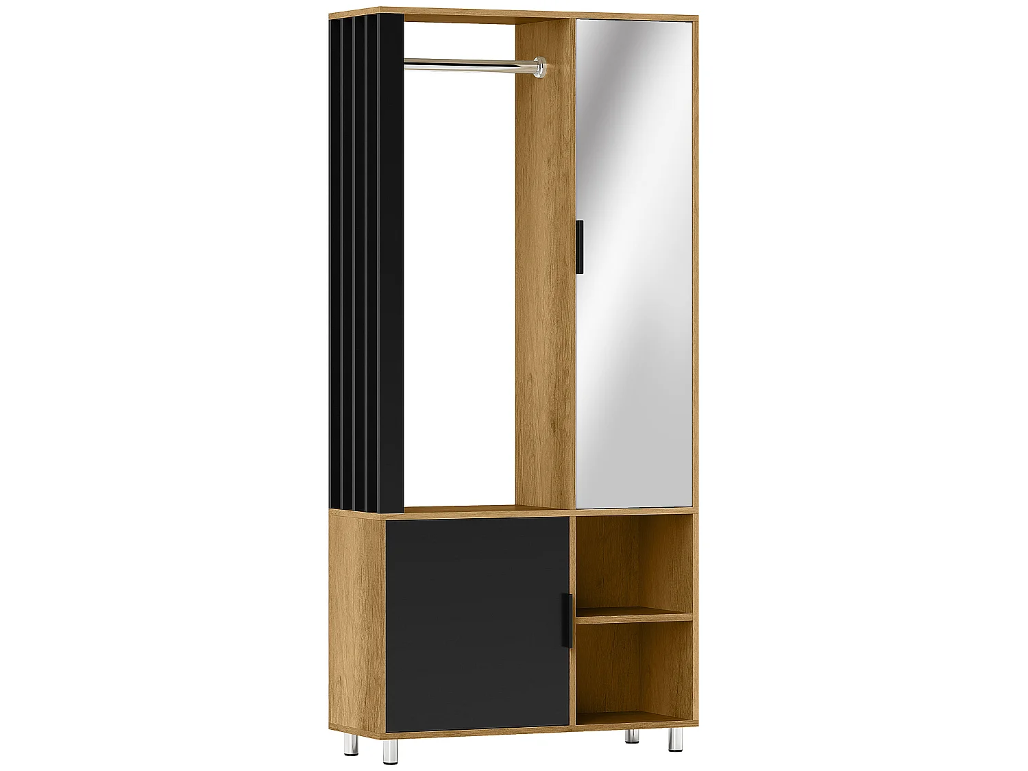 Armoire de chambre penderie dressing miroir design 2 portes, 4 étagères, 2 niches, tringle