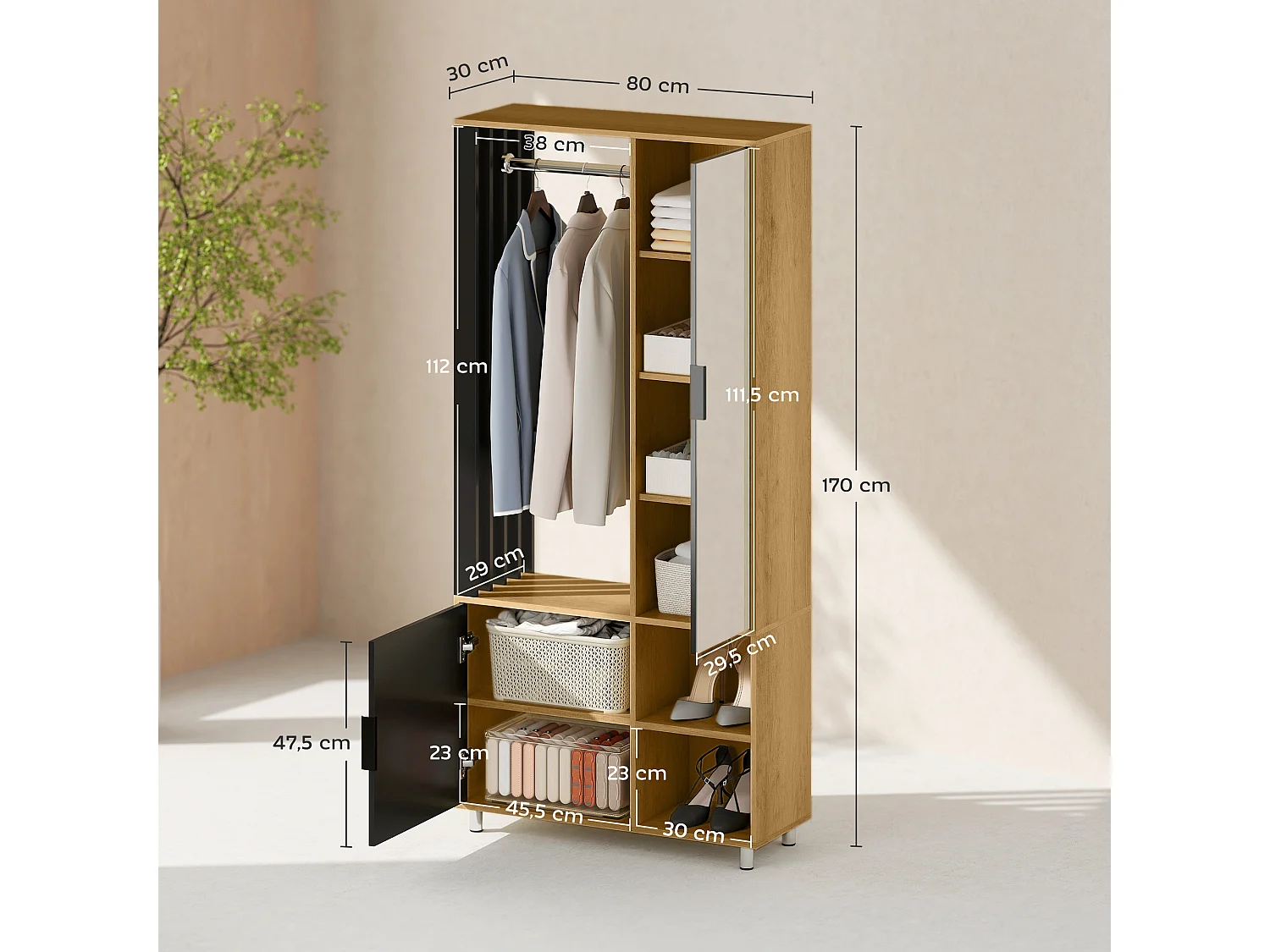 Armoire de chambre penderie dressing miroir design 2 portes, 4 étagères, 2 niches, tringle