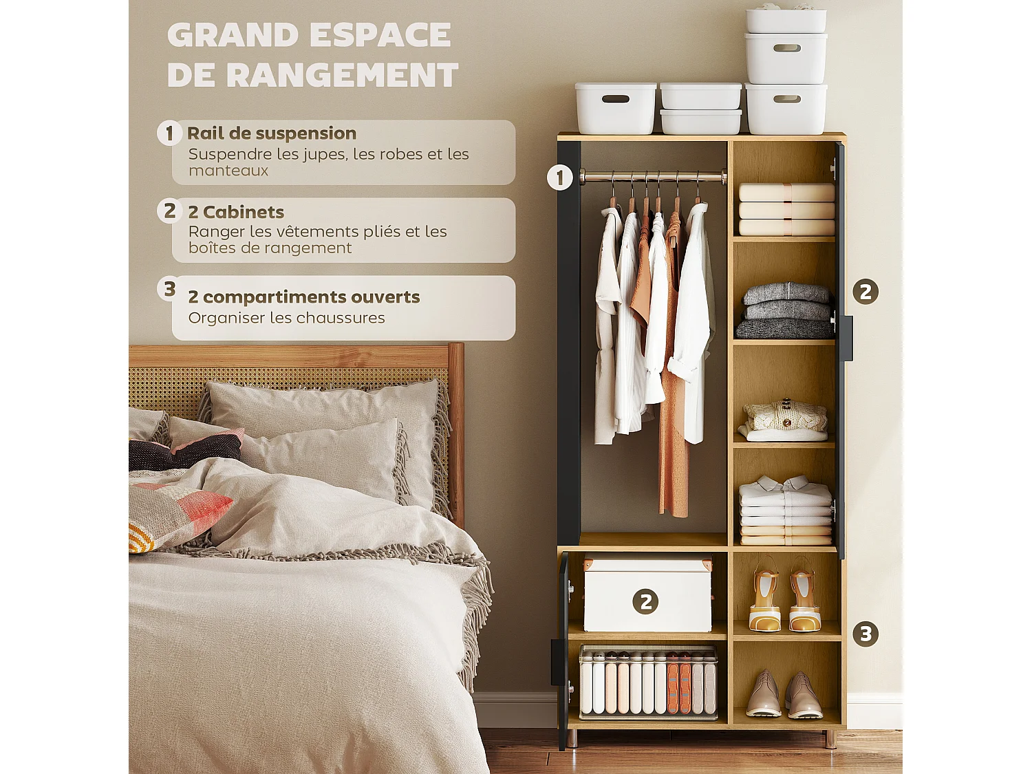 Armoire de chambre penderie dressing miroir design 2 portes, 4 étagères, 2 niches, tringle