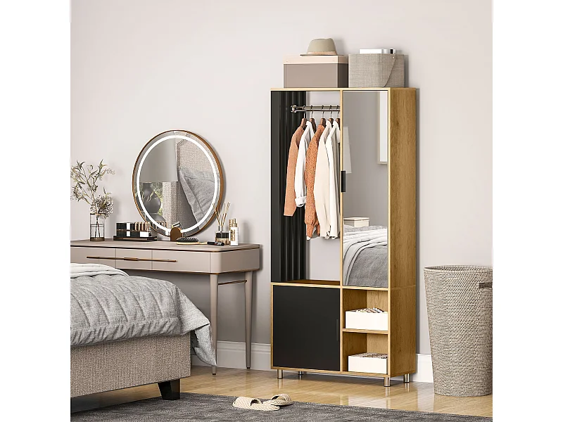 Armoire de chambre penderie dressing miroir design 2 portes, 4 étagères, 2 niches, tringle