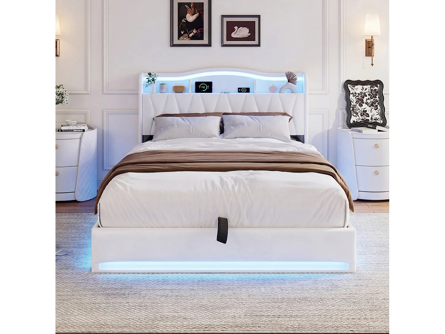 Lit 140x200cm avec Ports USB et 2 Port Type-C - Tête de lit LED avec rangement - Cadre de Lit adulte avec sommier - Lit coffre 2 place - Velours - Beige