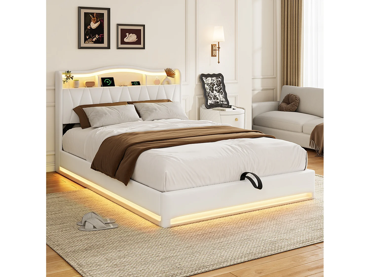 Lit 140x200cm avec Ports USB et 2 Port Type-C - Tête de lit LED avec rangement - Cadre de Lit adulte avec sommier - Lit coffre 2 place - Velours - Beige