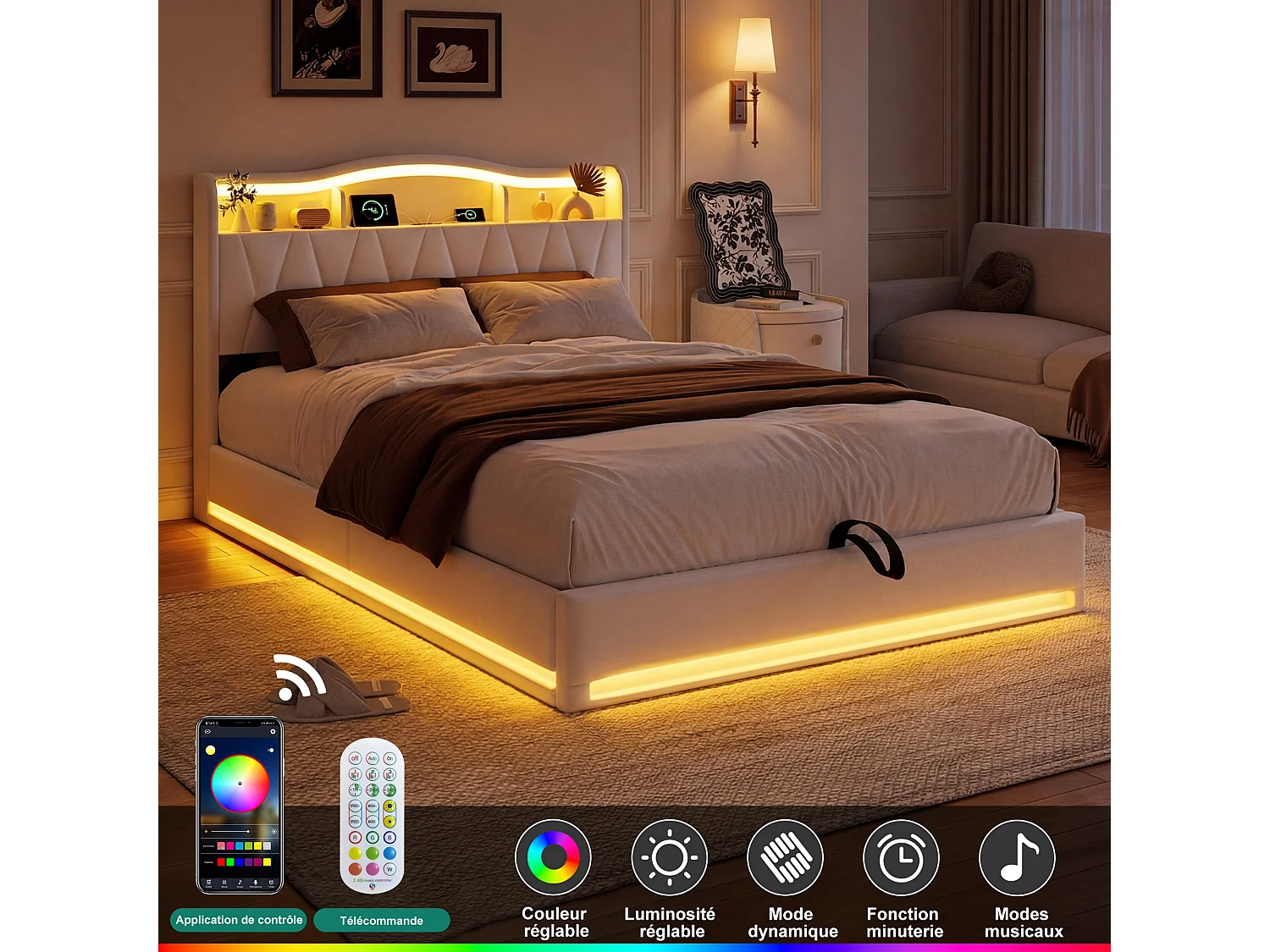 Lit 140x200cm avec Ports USB et 2 Port Type-C - Tête de lit LED avec rangement - Cadre de Lit adulte avec sommier - Lit coffre 2 place - Velours - Beige