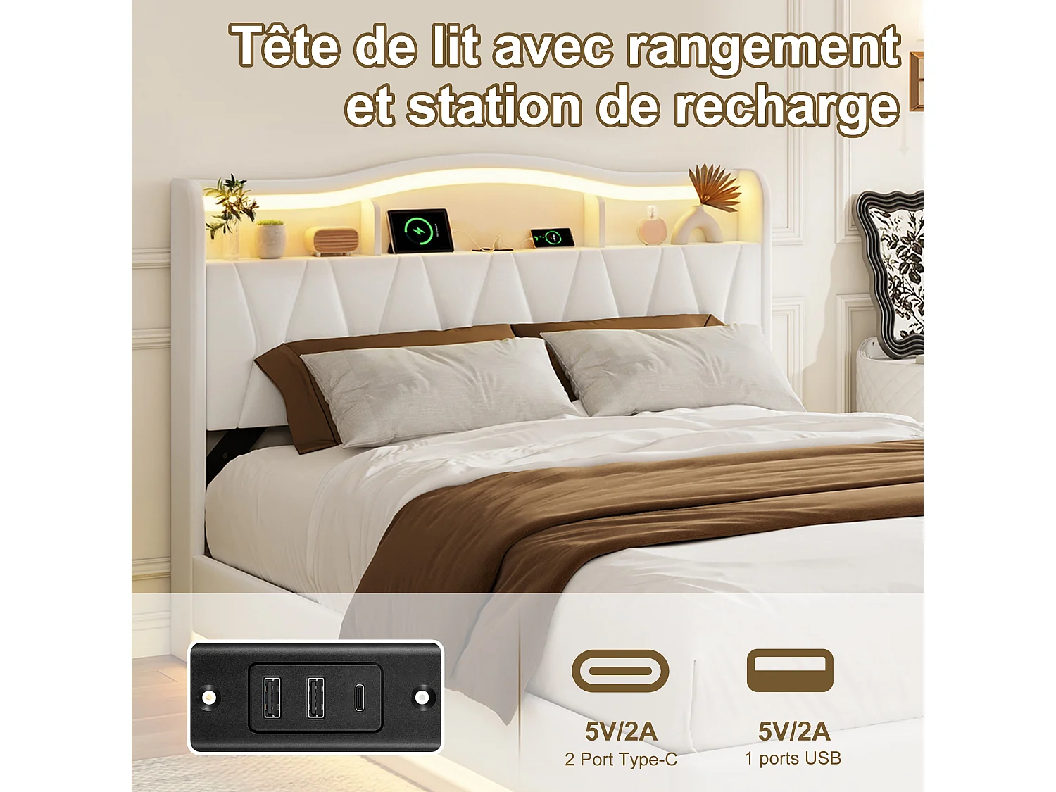 Lit 140x200cm avec Ports USB et 2 Port Type-C - Tête de lit LED avec rangement - Cadre de Lit adulte avec sommier - Lit coffre 2 place - Velours - Beige