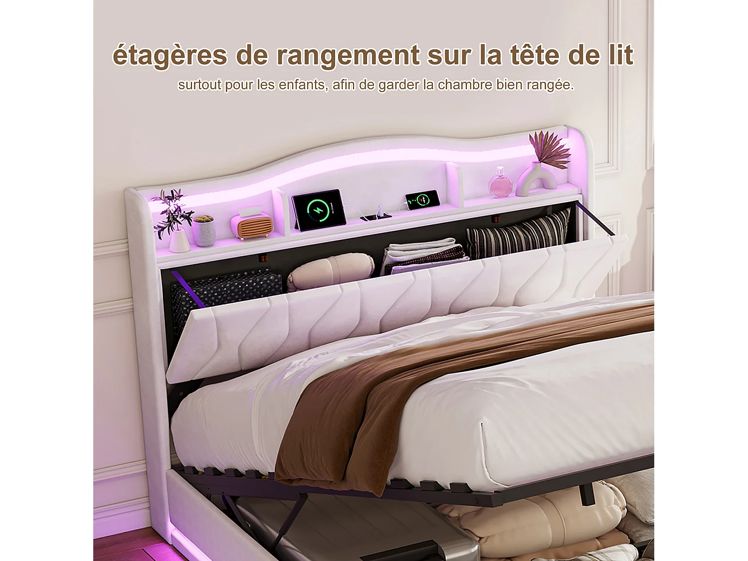 Lit 140x200cm avec Ports USB et 2 Port Type-C - Tête de lit LED avec rangement - Cadre de Lit adulte avec sommier - Lit coffre 2 place - Velours - Beige