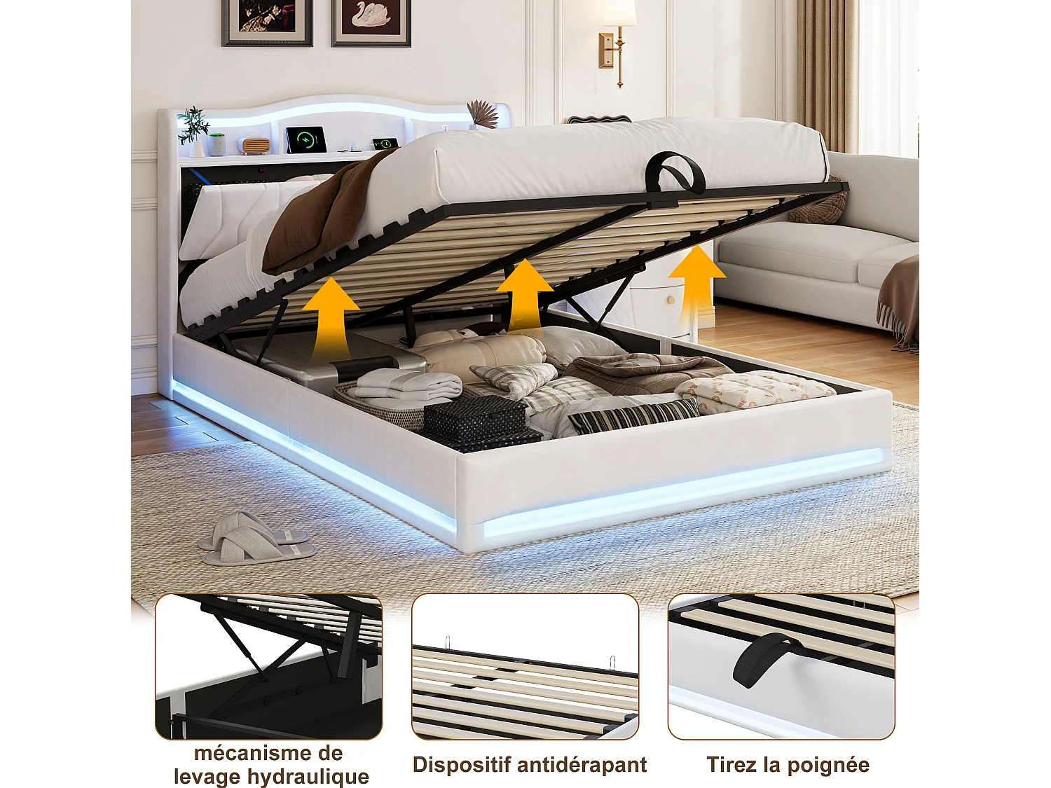 Lit 140x200cm avec Ports USB et 2 Port Type-C - Tête de lit LED avec rangement - Cadre de Lit adulte avec sommier - Lit coffre 2 place - Velours - Beige