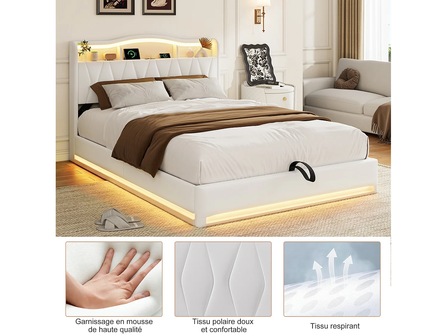 Lit 140x200cm avec Ports USB et 2 Port Type-C - Tête de lit LED avec rangement - Cadre de Lit adulte avec sommier - Lit coffre 2 place - Velours - Beige