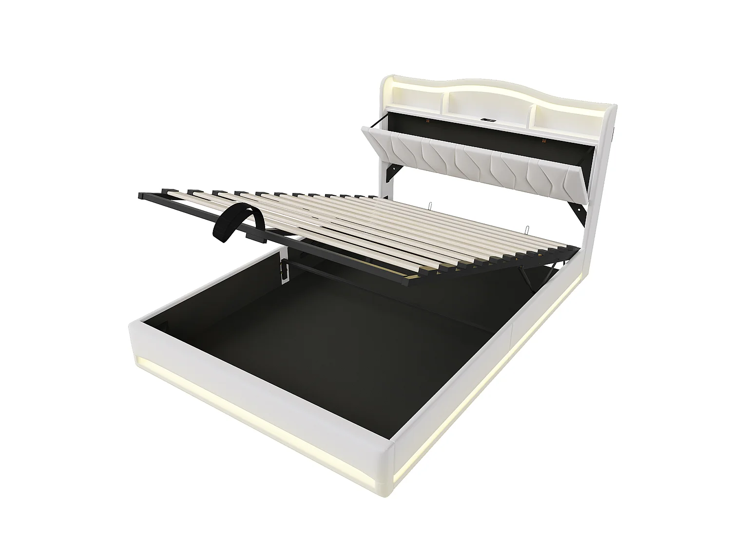 Lit 140x200cm avec Ports USB et 2 Port Type-C - Tête de lit LED avec rangement - Cadre de Lit adulte avec sommier - Lit coffre 2 place - Velours - Beige