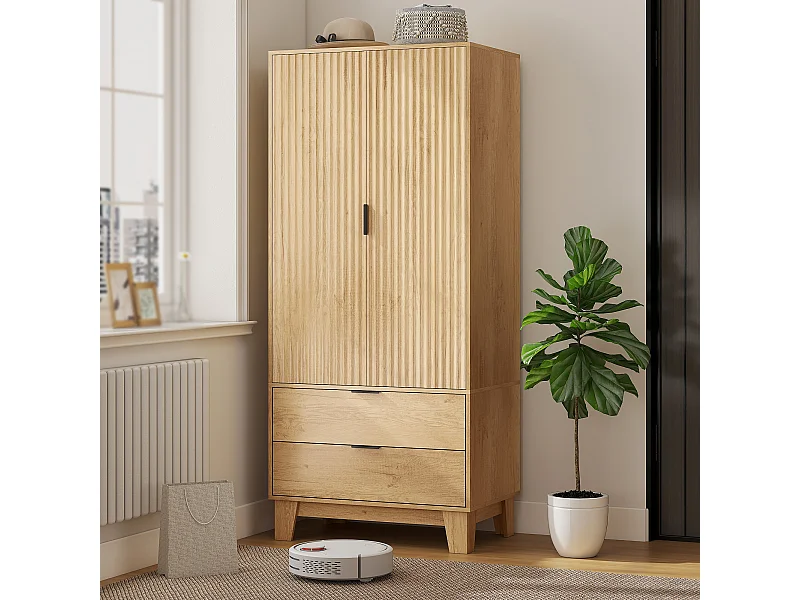 Armoire penderie 2 portes cannelées 2 grands tiroirs - dim. 80 x 50 x 180 cm - effet bois clair naturel