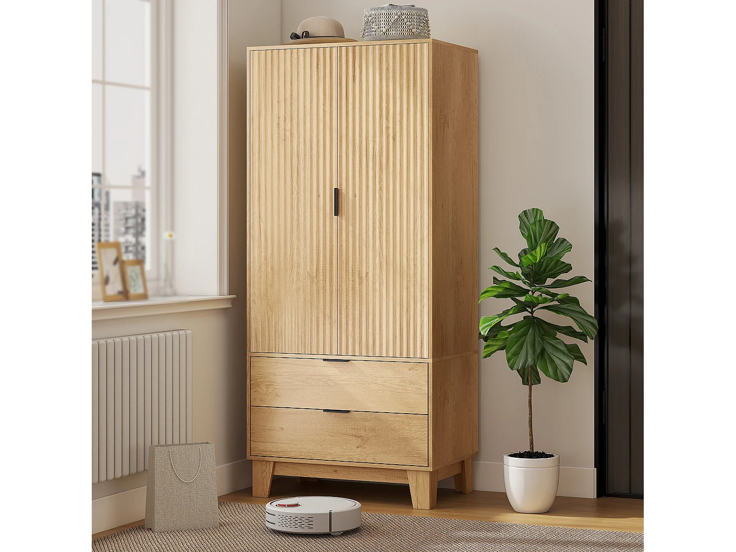 Armoire penderie 2 portes cannelées 2 grands tiroirs - dim. 80 x 50 x 180 cm - effet bois clair naturel