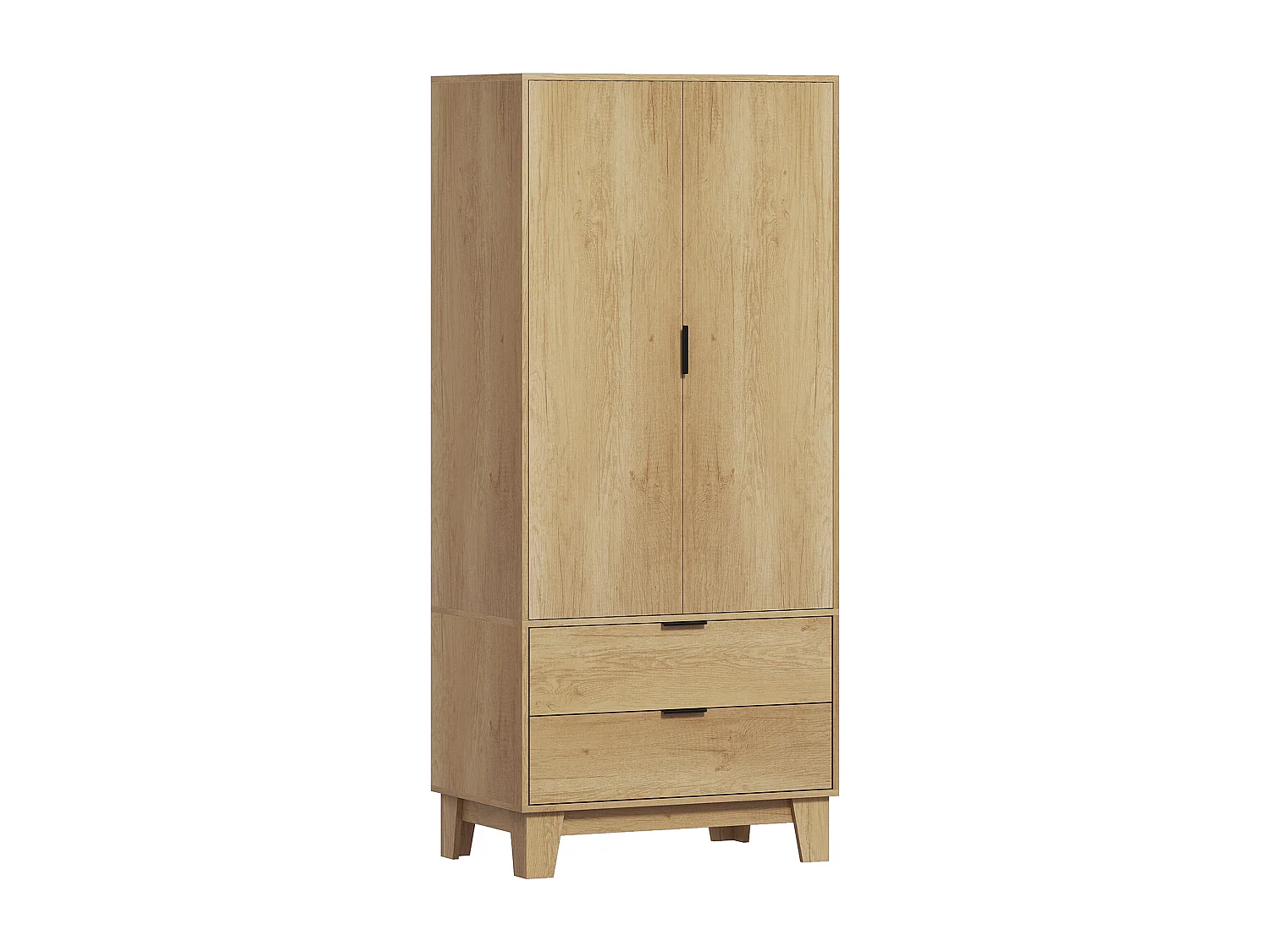 Armoire penderie 2 portes cannelées 2 grands tiroirs - dim. 80 x 50 x 180 cm - effet bois clair naturel