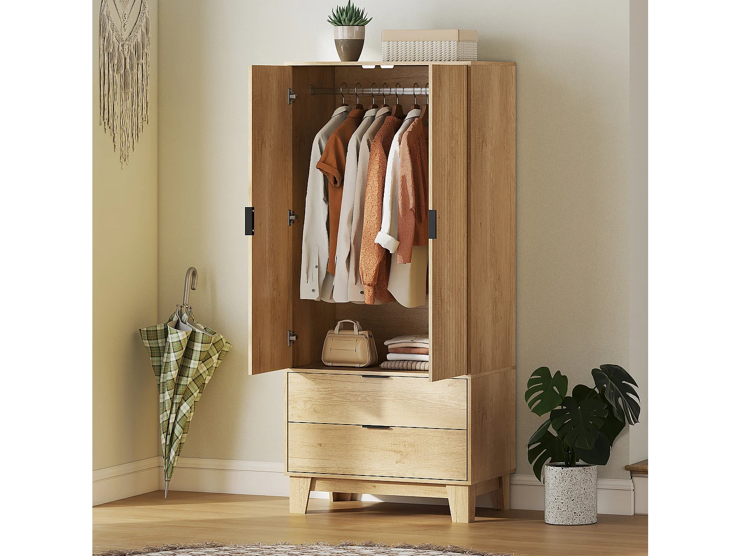 Armoire penderie 2 portes cannelées 2 grands tiroirs - dim. 80 x 50 x 180 cm - effet bois clair naturel