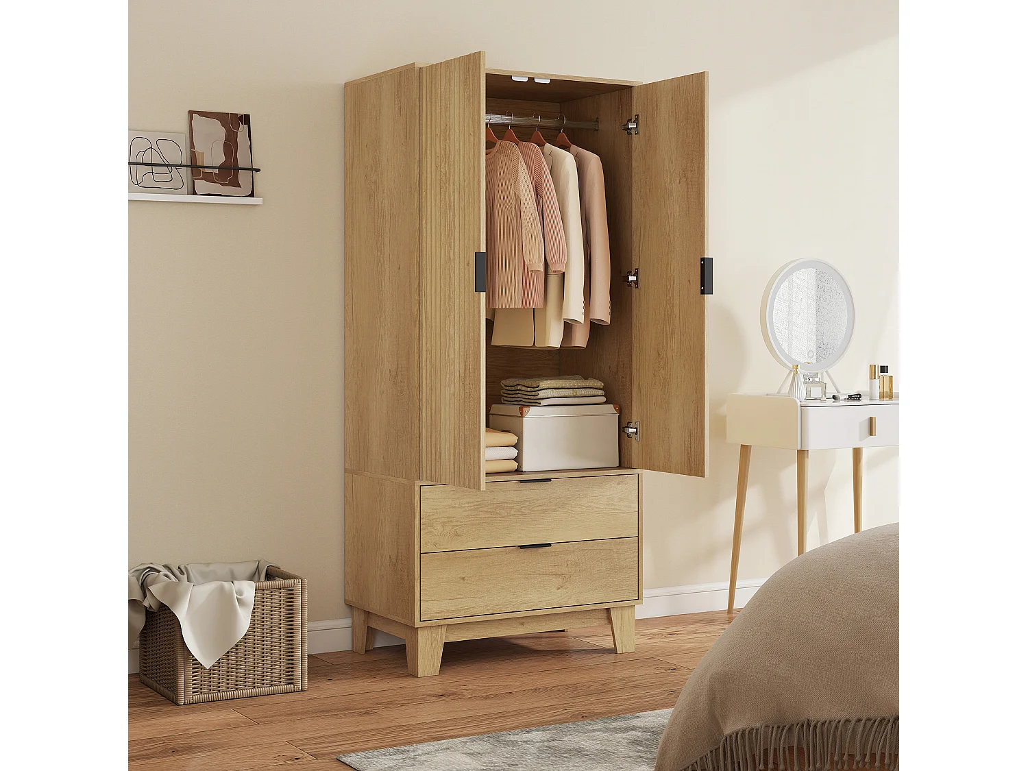 Armoire penderie 2 portes cannelées 2 grands tiroirs - dim. 80 x 50 x 180 cm - effet bois clair naturel