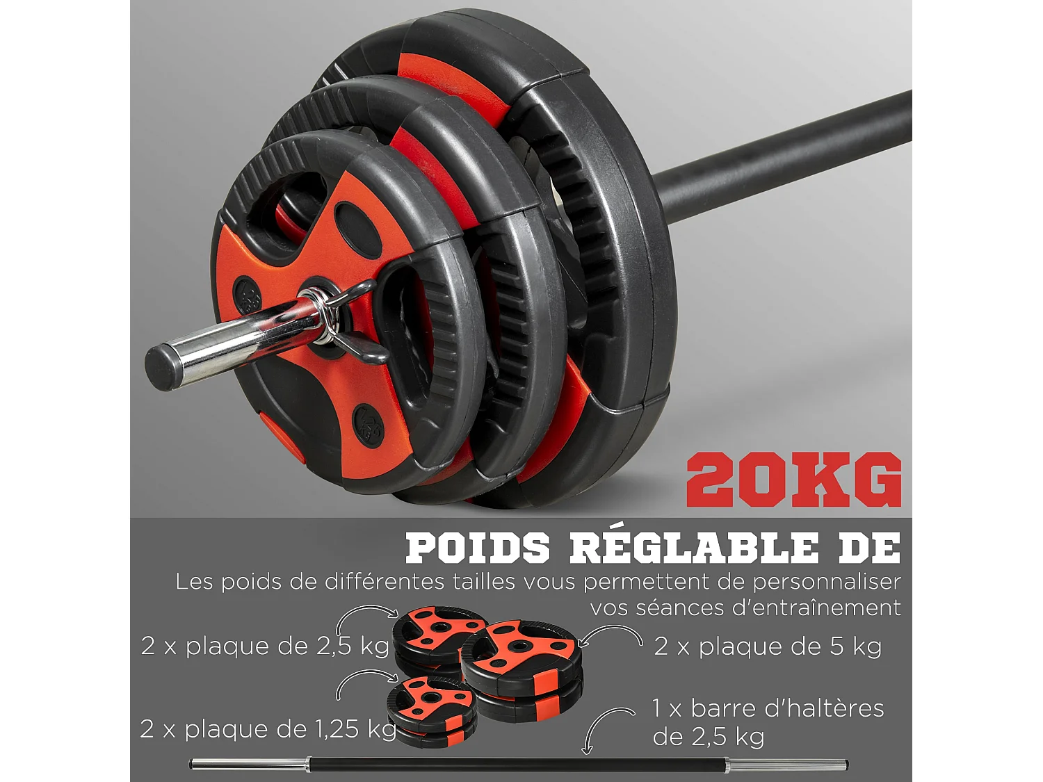 Kit pump 20 Kg - barre et poids de musculation 1,40 m 27 mm - sets de barre de musculation - noir rouge