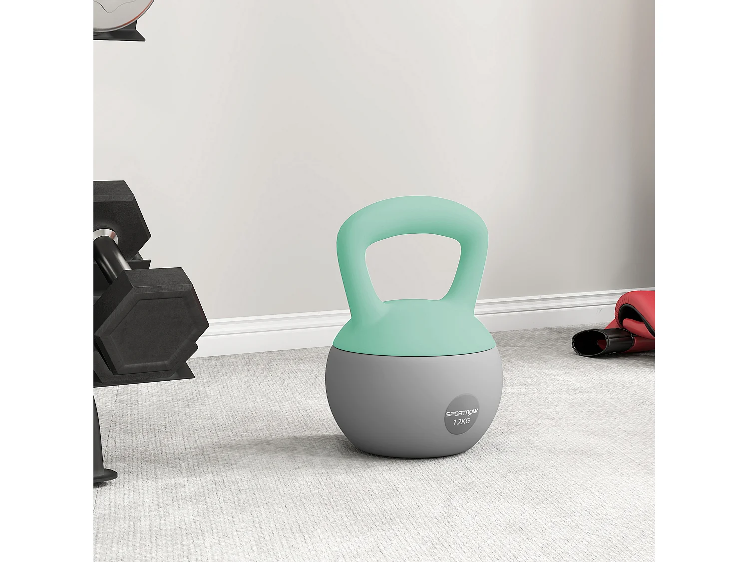 Kettlebell 12 Kg - prise ergonomique - entraînement musculaire & haltérophilie - PVC gris vert d'eau
