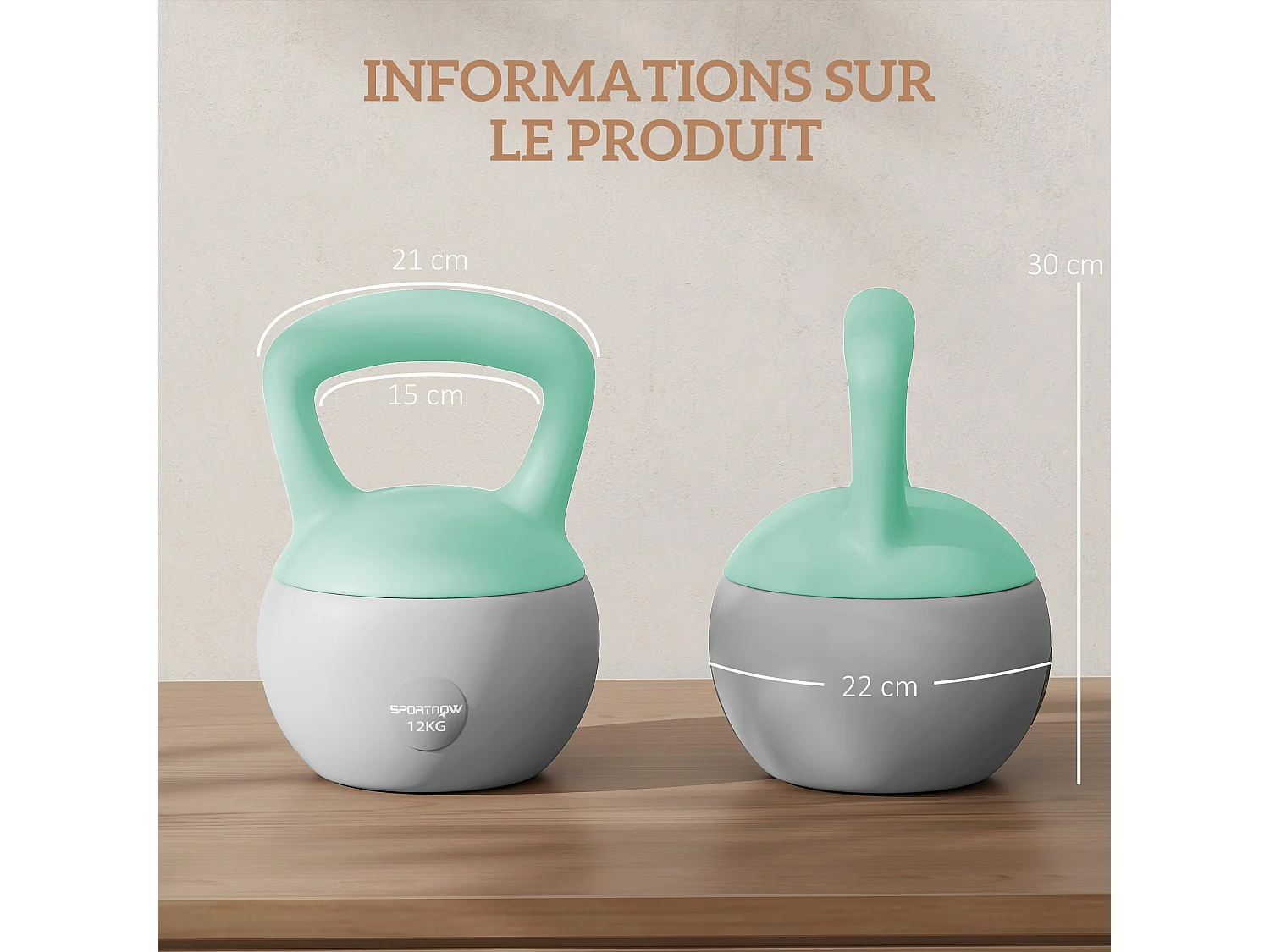 Kettlebell 12 Kg - prise ergonomique - entraînement musculaire & haltérophilie - PVC gris vert d'eau