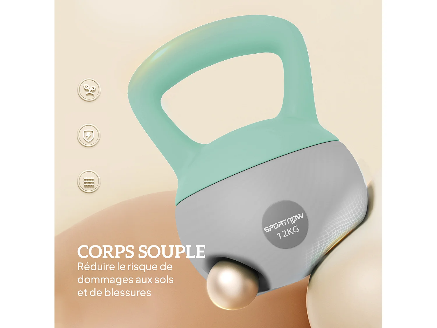 Kettlebell 12 Kg - prise ergonomique - entraînement musculaire & haltérophilie - PVC gris vert d'eau