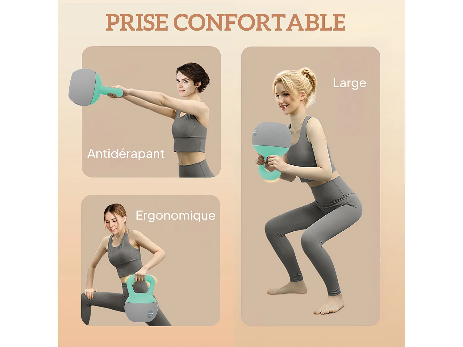 Kettlebell 12 Kg - prise ergonomique - entraînement musculaire & haltérophilie - PVC gris vert d'eau