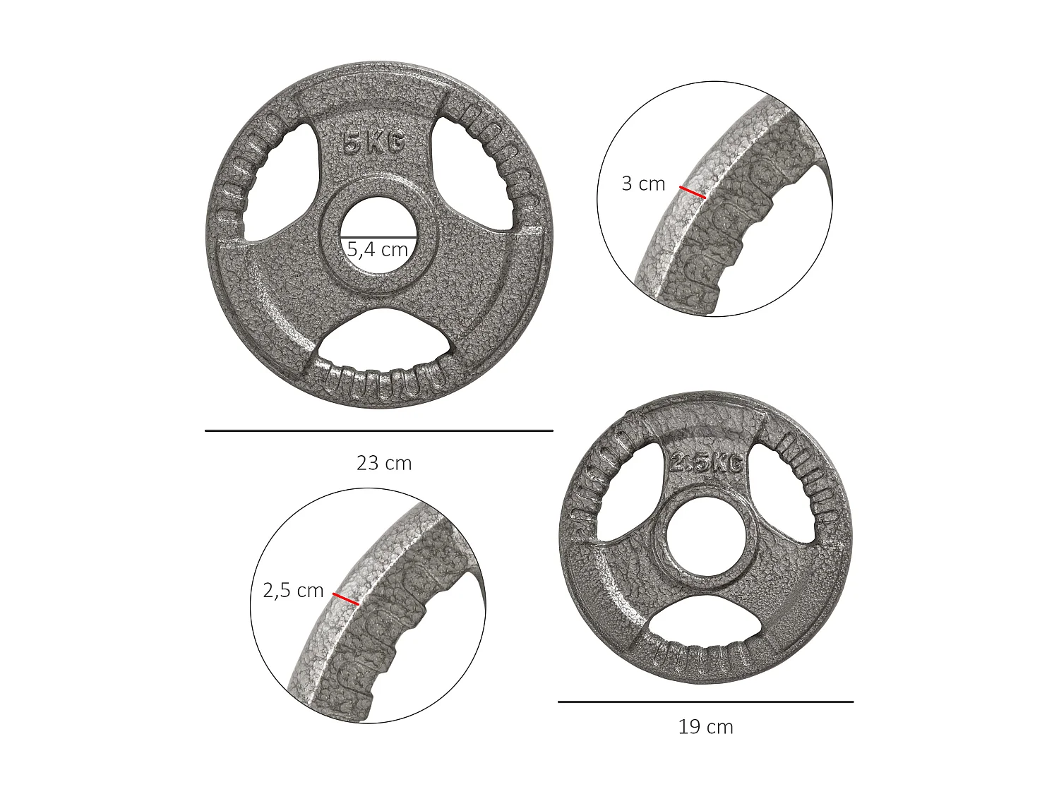 Disques de poids 2,5/2,5/5/5 Kg - 4 poids de musculation - dia. trou 5,4 cm - acier