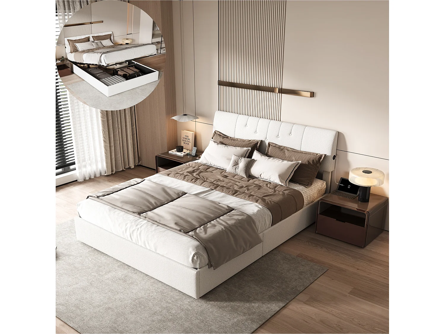 Lit double 140x190cm, avec rangement hydraulique, tête de lit avec ports USB, tête de lit réglable en hauteur, matelas recouvert de polaire douce, couleur crème