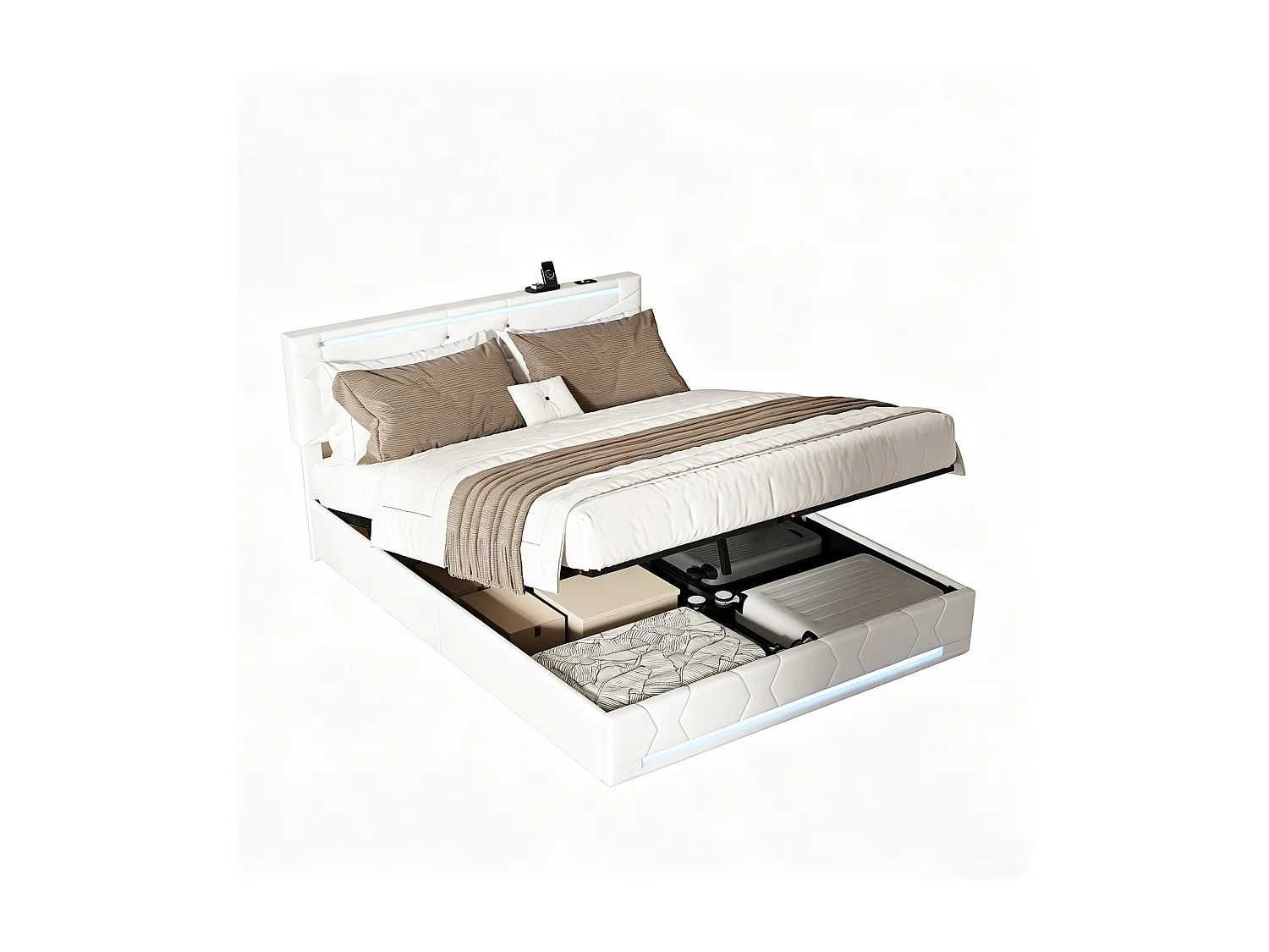 Tweepersoonsbed 140x190cm, met hydraulische opbergruimte, hoofdeinde met USB-poorten, in hoogte verstelbaar hoofdeinde, crèmekleur