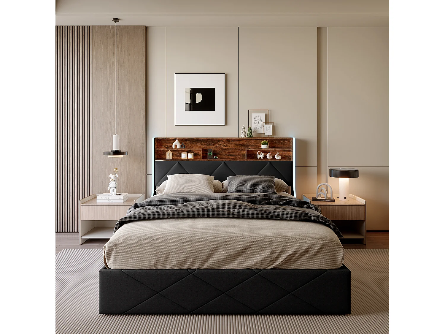 Lit double 140 x 200 cm, avec rangement hydraulique, tête de lit avec port USB et bandes LED latérales, lit coffre,PU, ​​noir