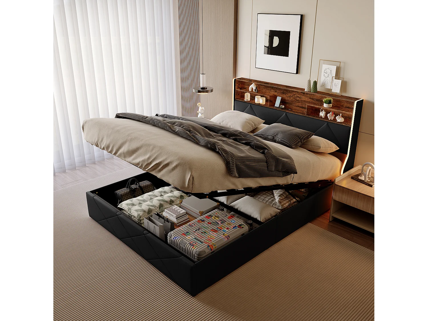 Lit double 140 x 200 cm, avec rangement hydraulique, tête de lit avec port USB et bandes LED latérales, lit coffre,PU, ​​noir