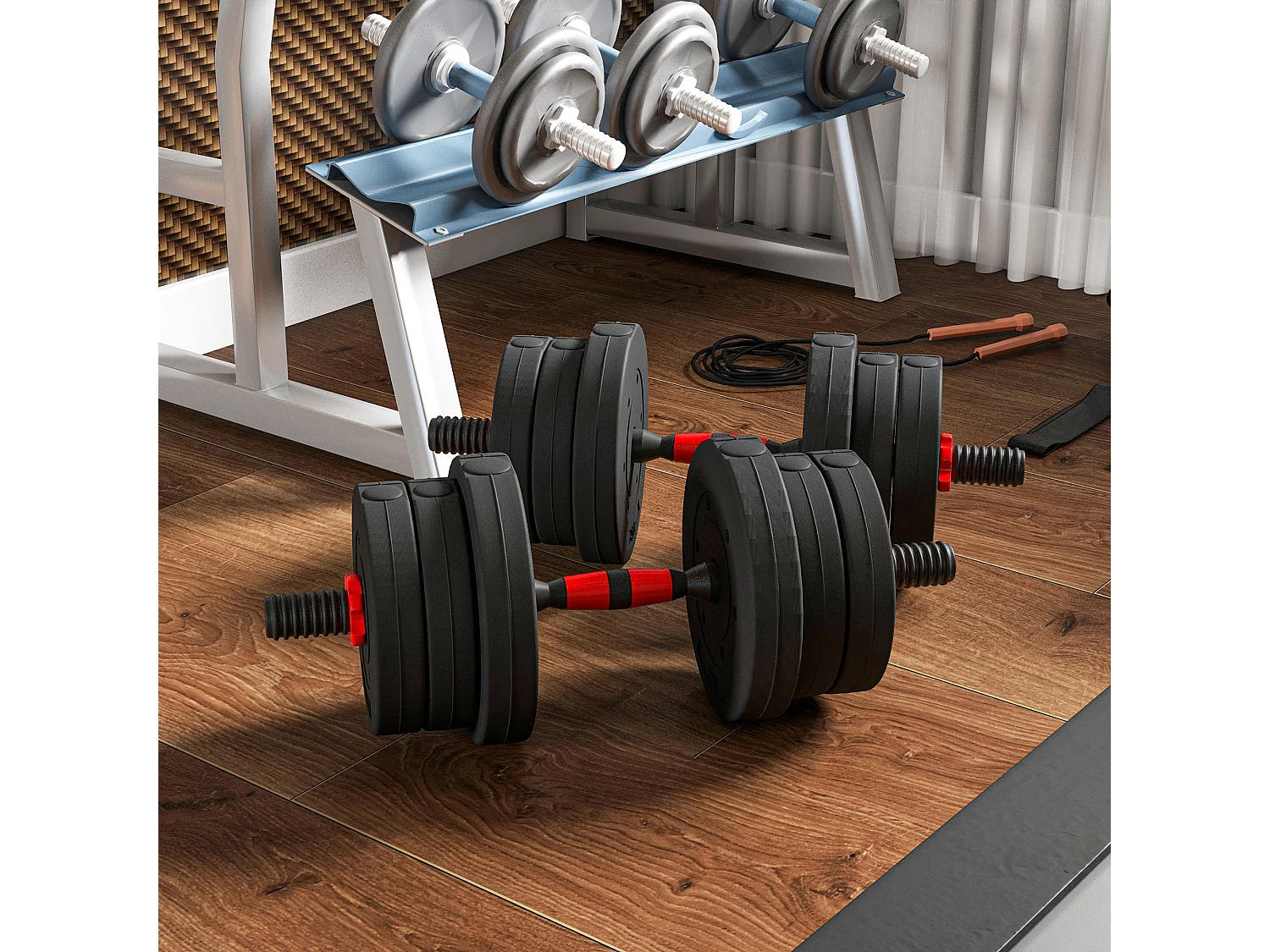 Ensemble d'haltères courtes total 20 Kg - barres incluses - entraînement musculaire & haltérophilie - acier HDPE noir rouge