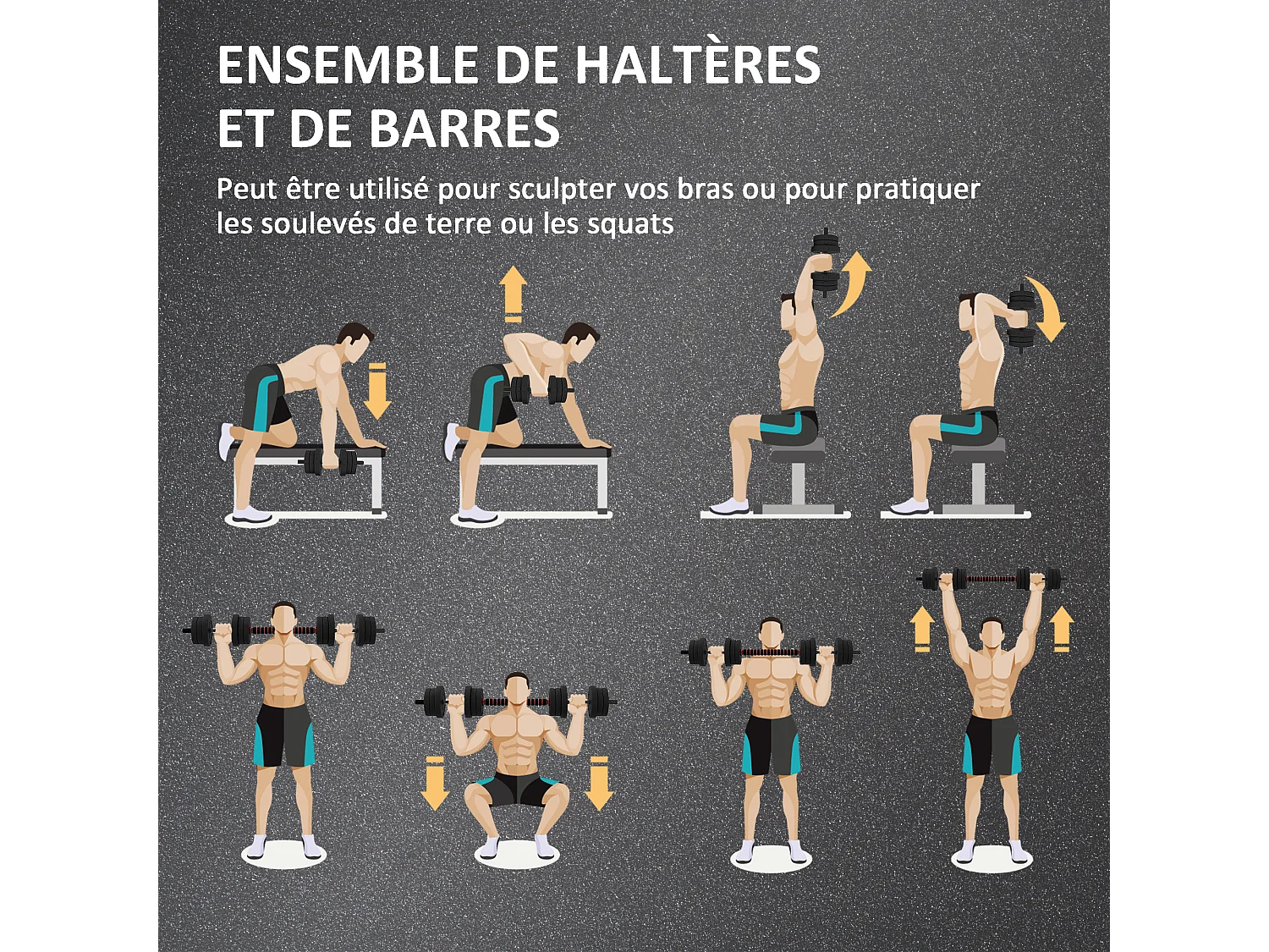 Ensemble d'haltères courtes total 20 Kg - barres incluses - entraînement musculaire & haltérophilie - acier HDPE noir rouge