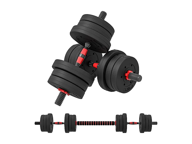 Ensemble d'haltères courtes total 20 Kg - barres incluses - entraînement musculaire & haltérophilie - acier HDPE noir rouge