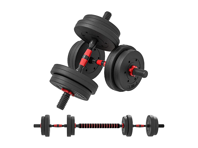 Ensemble d'haltères courtes total 15 Kg - barres incluses - entraînement musculaire & haltérophilie - acier HDPE noir rouge