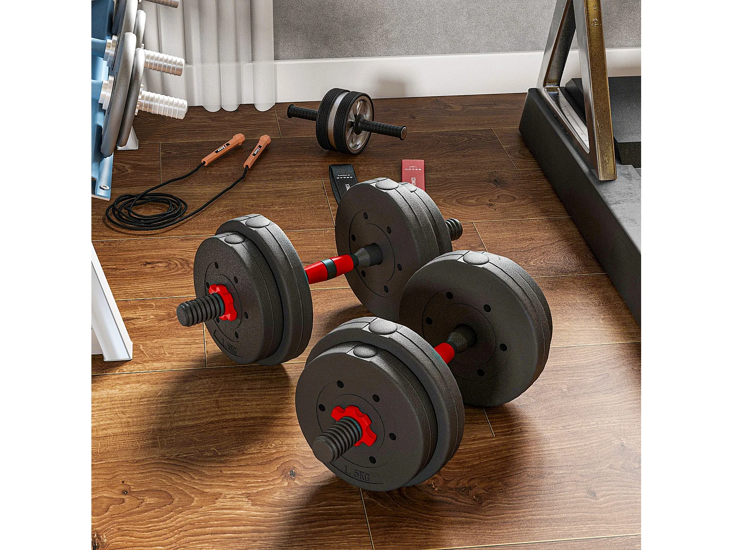 Ensemble d'haltères courtes total 15 Kg - barres incluses - entraînement musculaire & haltérophilie - acier HDPE noir rouge