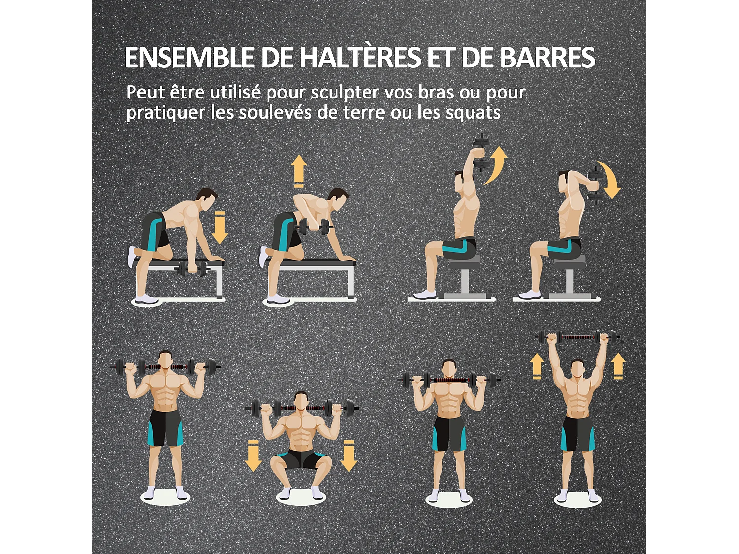 Ensemble d'haltères courtes total 15 Kg - barres incluses - entraînement musculaire & haltérophilie - acier HDPE noir rouge