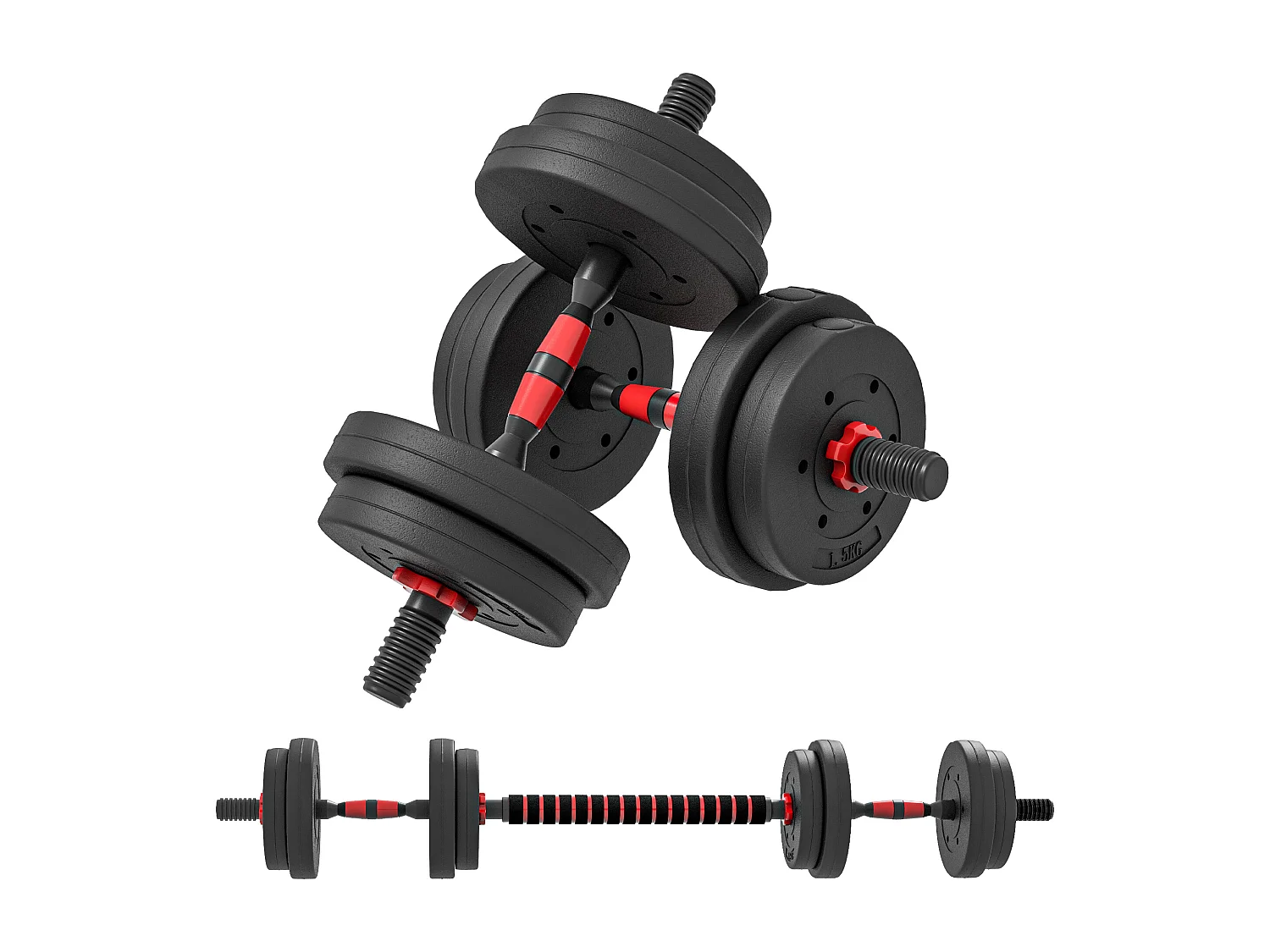 Ensemble d'haltères courtes total 15 Kg - barres incluses - entraînement musculaire & haltérophilie - acier HDPE noir rouge