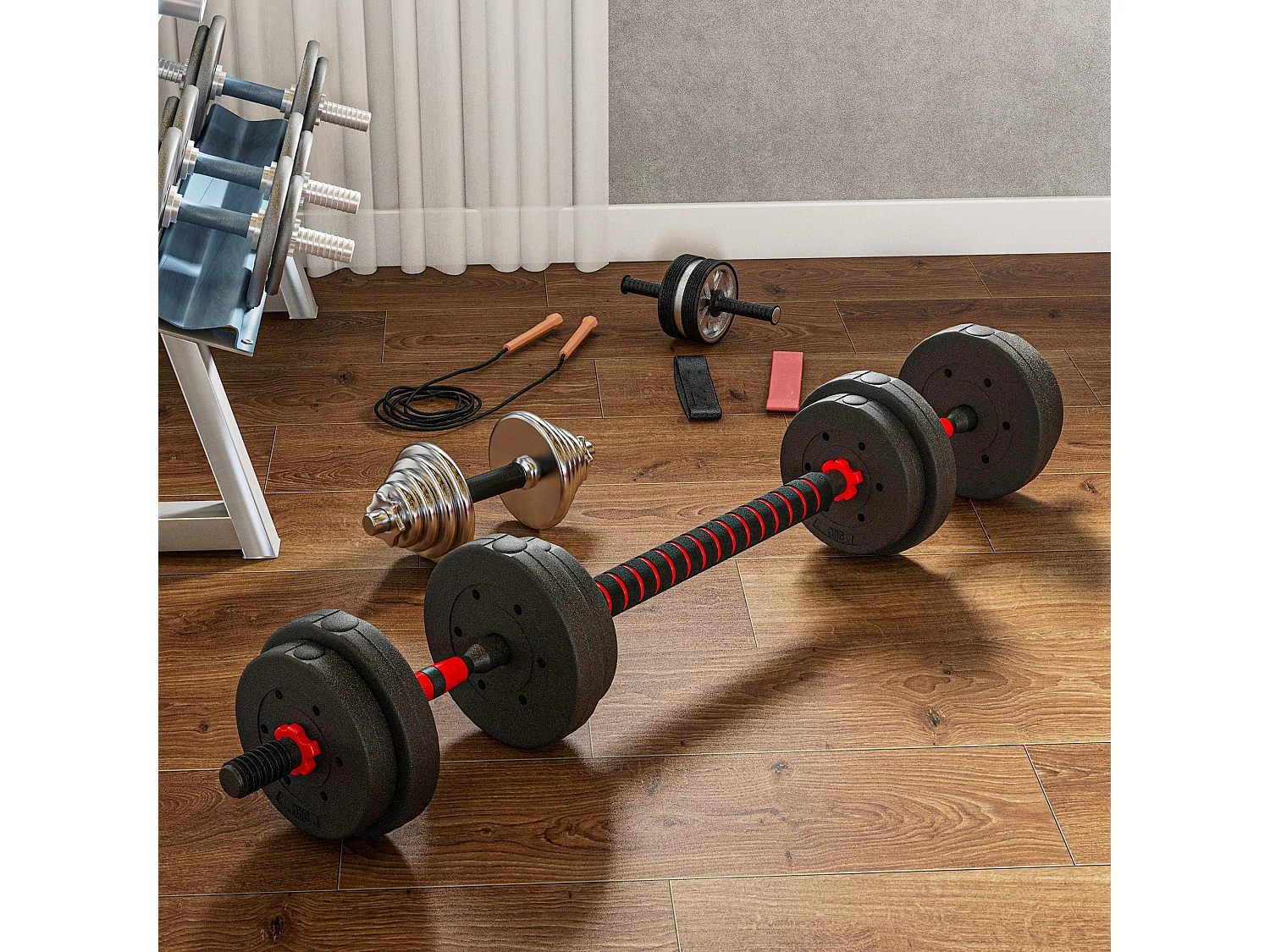 Ensemble d'haltères courtes total 15 Kg - barres incluses - entraînement musculaire & haltérophilie - acier HDPE noir rouge