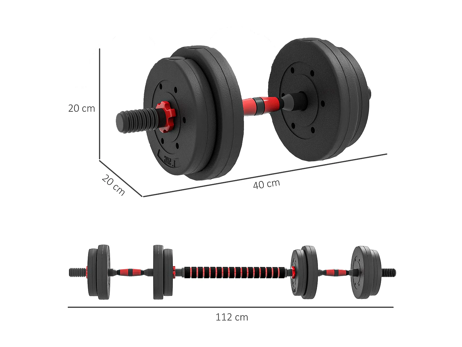Ensemble d'haltères courtes total 15 Kg - barres incluses - entraînement musculaire & haltérophilie - acier HDPE noir rouge