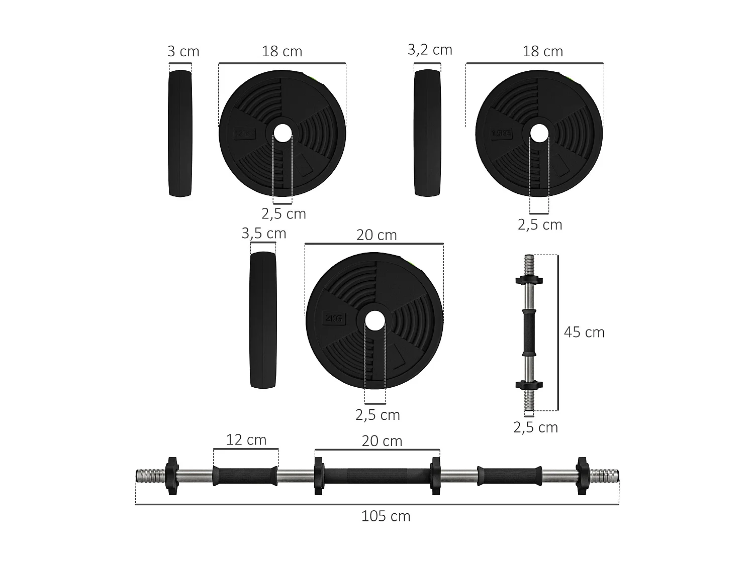 SPORTNOW Kit de Halteres 20kg 2 em 1 com Barra Antiderrapante para Treino em Casa e Escritório