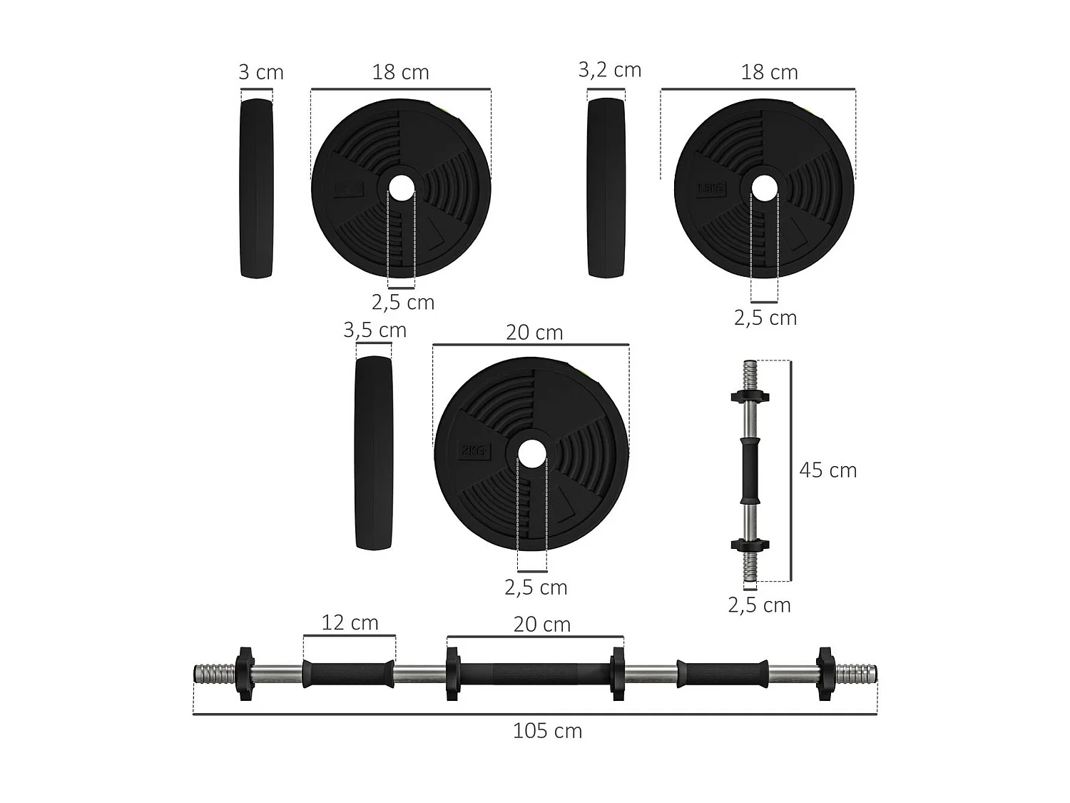 SPORTNOW Kit de Halteres 20kg 2 em 1 com Barra Antiderrapante para Treino em Casa e Escritório