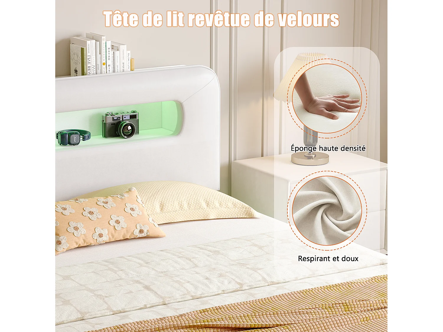 Lit rembourré 160x200cm, lit double avec éclairage LED et espace de rangement hydraulique, sommier à lattes, lit coffre, beige