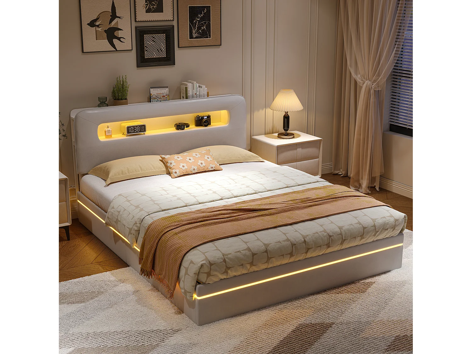 Lit rembourré 160x200cm, lit double avec éclairage LED et espace de rangement hydraulique, sommier à lattes, lit coffre, beige