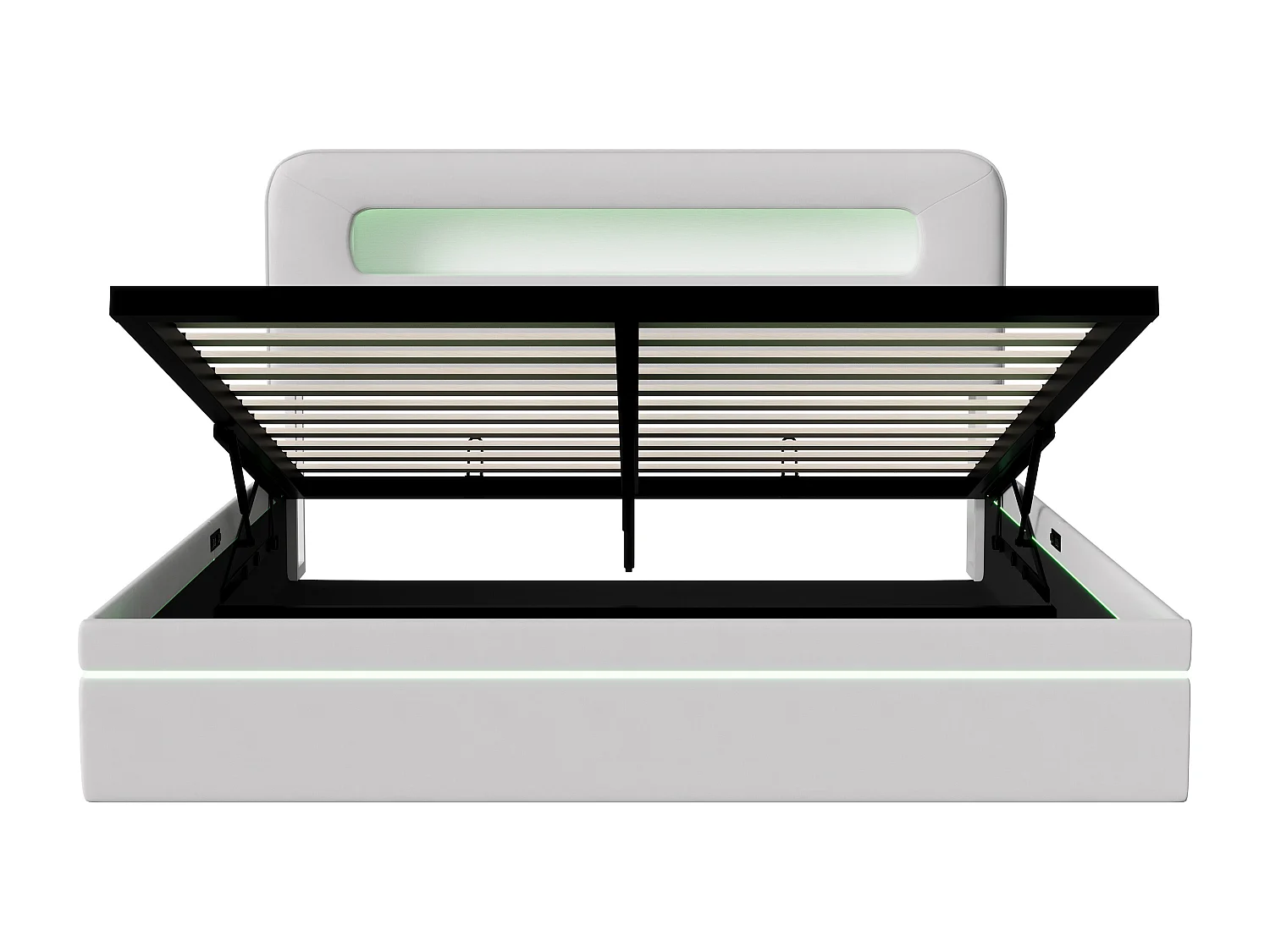 Lit rembourré 160x200cm, lit double avec éclairage LED et espace de rangement hydraulique, sommier à lattes, lit coffre, beige