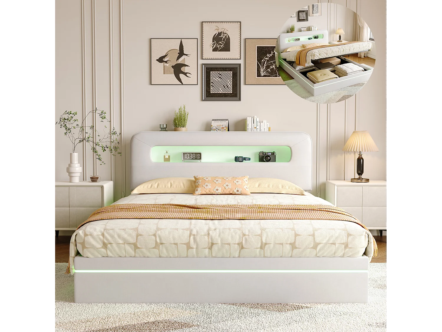 Cama tapizada 160x200cm, cama doble con iluminación LED y canapé hidráulico, somier de láminas, canapé beige