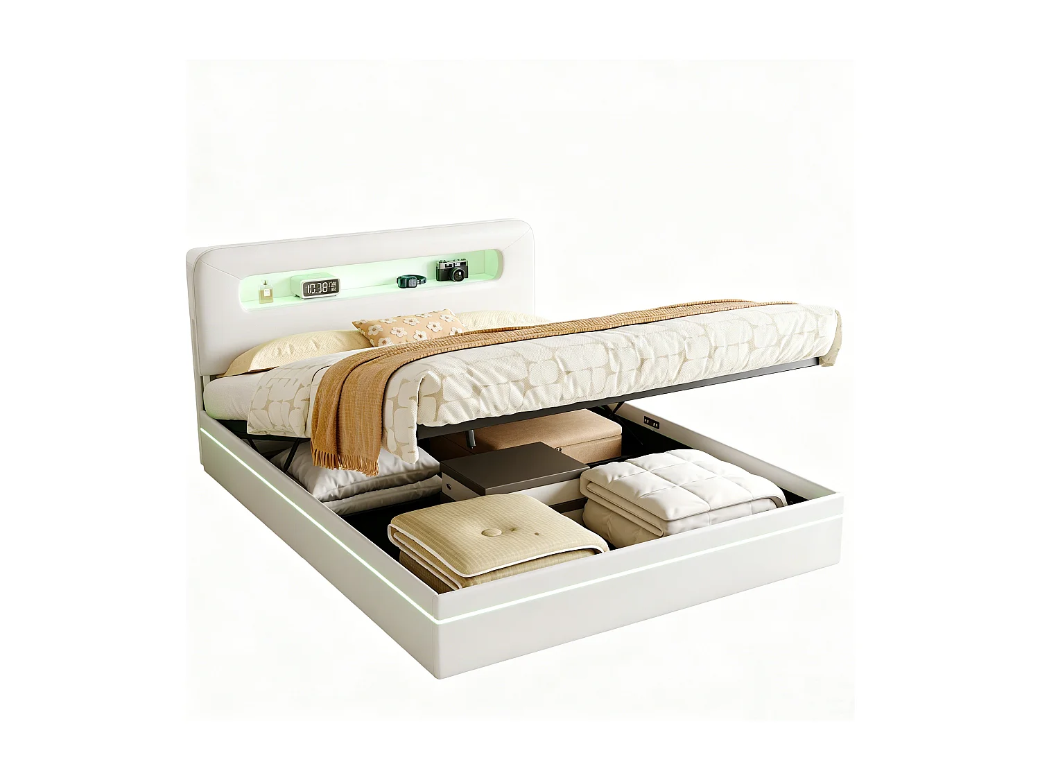 Lit rembourré 160x200cm, lit double avec éclairage LED et espace de rangement hydraulique, sommier à lattes, lit coffre, beige