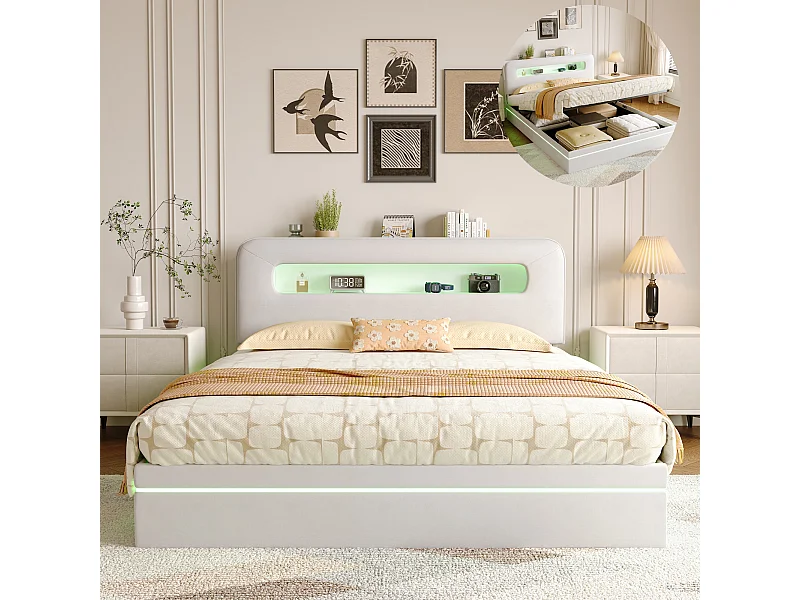 Lit rembourré 160x200cm, lit double avec éclairage LED et espace de rangement hydraulique, sommier à lattes, lit coffre, beige