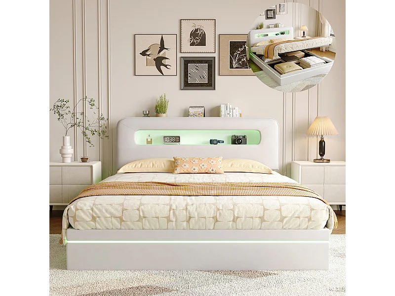 Lit rembourré 160x200cm, lit double avec éclairage LED et espace de rangement hydraulique, sommier à lattes, lit coffre, beige