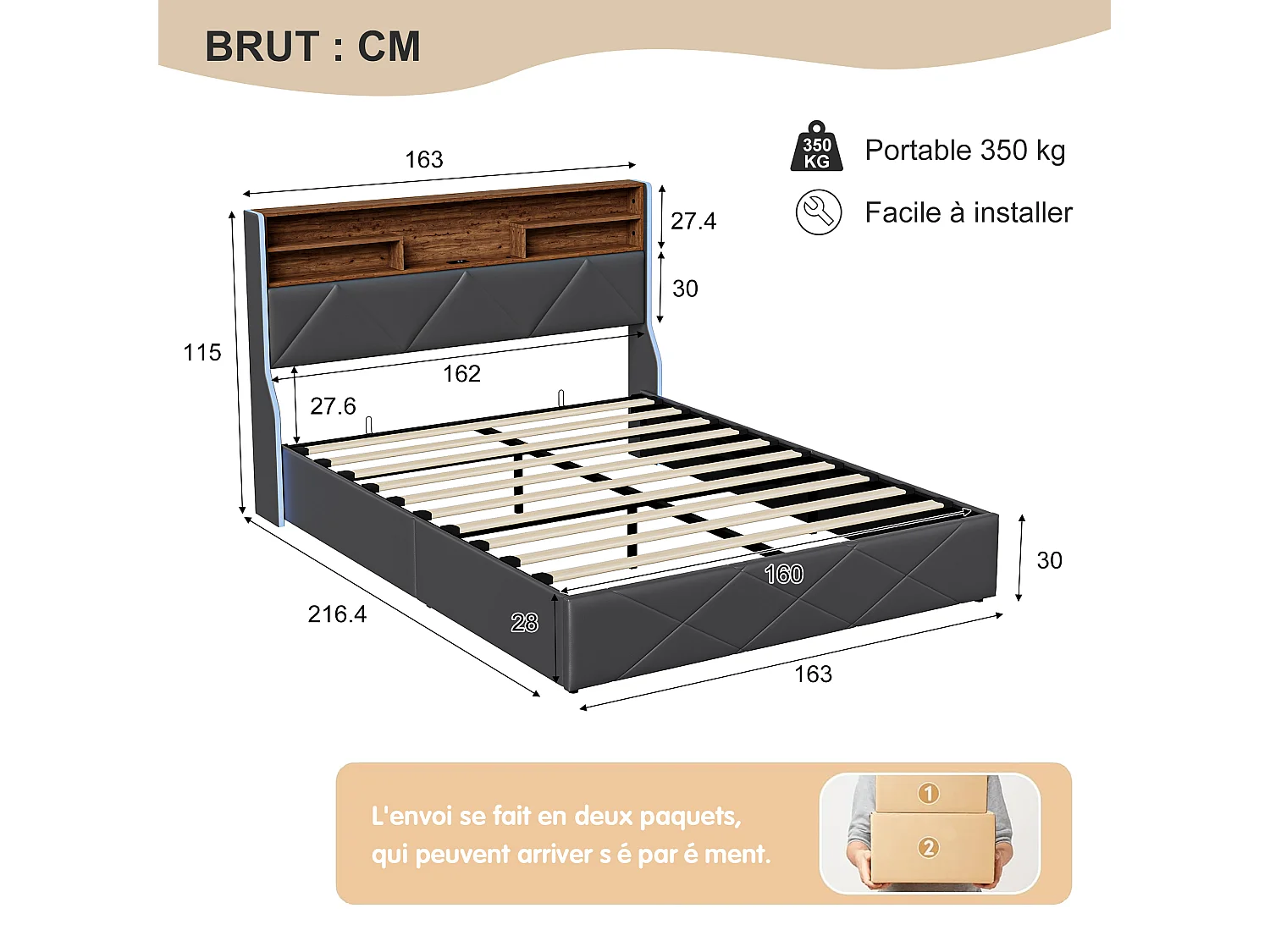 Lit double 160 x 200 cm, avec rangement hydraulique, tête de lit avec port USB et bandes LED latérales, lit coffre,PU, ​​noir